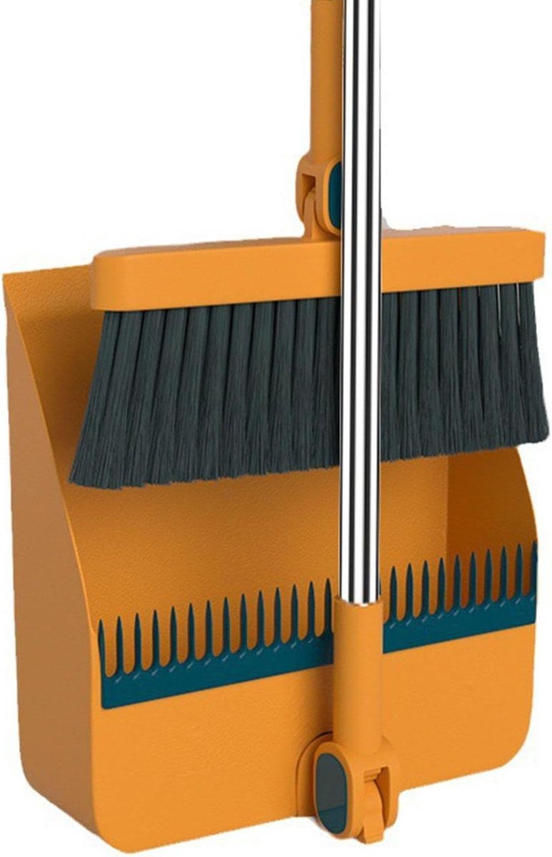 Bezem Stoffer Set - Rechtopstaande Set - Vloer Schoonmaken - Ingebouwde Kamtanden - Lange Steel - Grijs