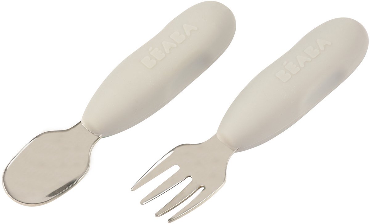 Béaba Set van 2 Roestvrijstalen Bestek - Kinderbestek - Vanaf 10 Maanden - Lepel & Vork - Velvet Grey - Ergonomisch Oefenbestek