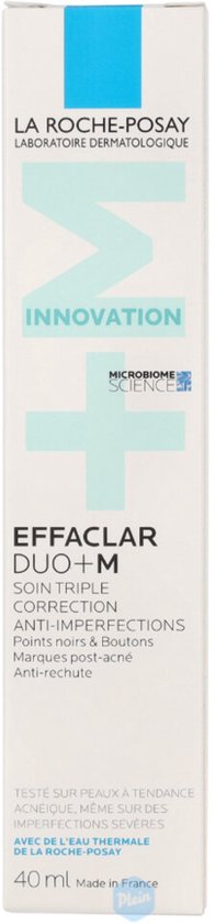 Emballage La Roche-Posay Effaclar Duo+M avec le texte 'INNOVATION' et 'MICROBIOME SCIENCE'.