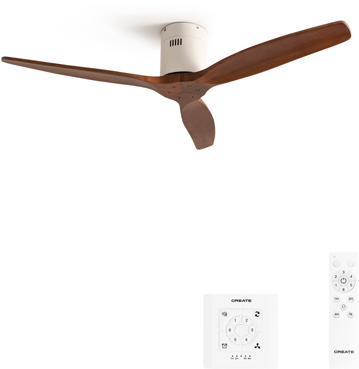 CREATE - Plafondventilator silent 100% hout 40W (Ø132cm) - Geen licht - Controller voor wandmontage + Afstandsbediening - 6 snelheden - Programmeerbaar - WIND CALM NATURAL WOOD