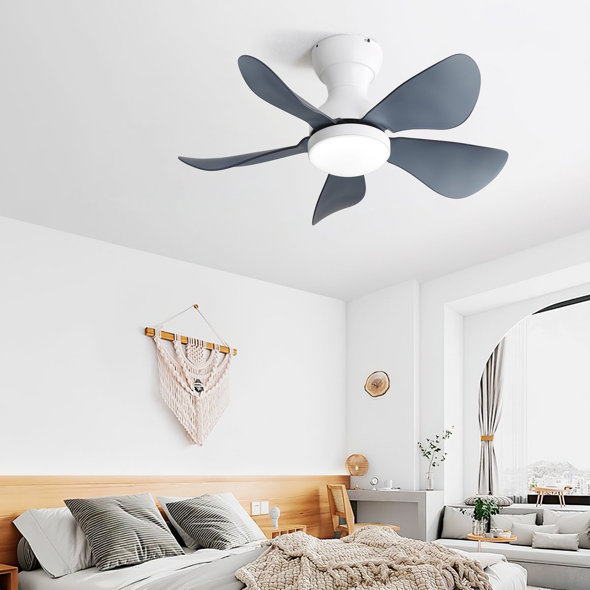 Gutent - Witte plafondventilator met flush montage - 74cm - 5 transparante ABS bladen - Stille DC motor - Dimbaar 18W LED - Energiezuinig