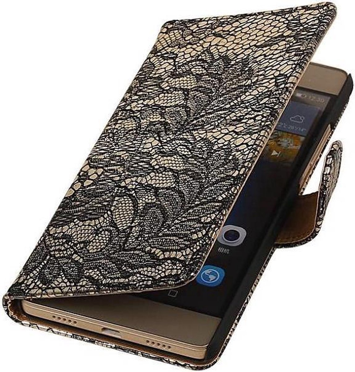 Lace Bookstyle Wallet Case Hoesjes Geschikt voor Huawei Ascend G610 Zwart
