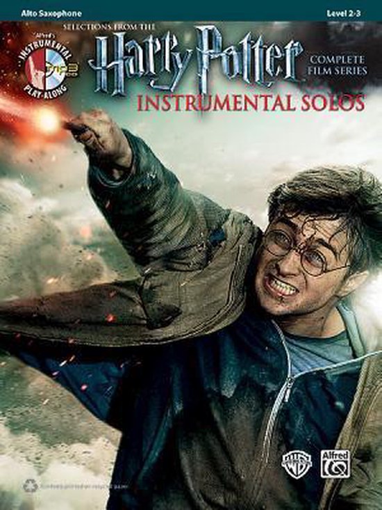 Harry Potter Instrumental Solos pour Saxophone Alto, niveau 2-3. Harry Potter avec lunettes et écharpe, esquivant un rayon magique.