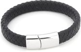 Armband Heren - Gevlochten Leer / Leder - Sluiting RVS - 19cm - Zwart - Musthaves