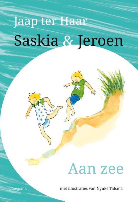 Boek "Saskia & Jeroen - Aan zee" met illustratie van twee spelende kinderen op het strand.