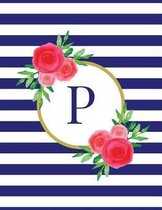 Navy and White Striped Coral Floral Monogram Journal with Letter P