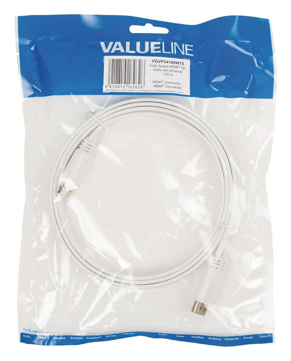 Platte High Speed HDMI kabel met ethernet HDMI connector - HDMI connector 1,50 m wit