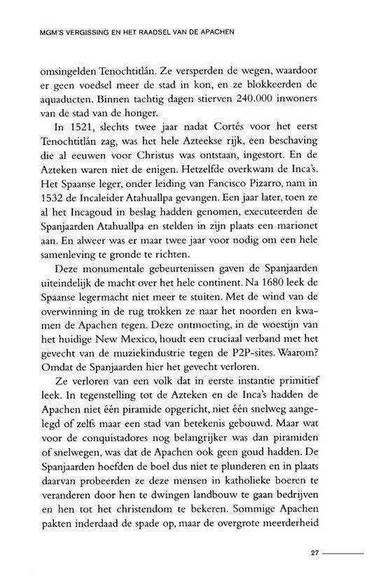 Pagina met tekst over de verovering van Tenochtitlan, Cortes, de Apachen en de Azteken.