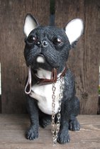figurine chien Bouledogue Français noir et blanc avec laisse