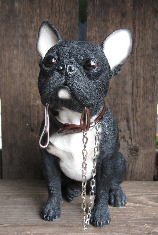 hondenbeeldje Franse Bulldog zwart-wit met riem