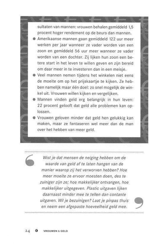 Pagina uit een boek met bulletpoints over mannen en vrouwen en geld, met een citaat aan de onderkant.