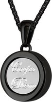 Quiges 12mm Mini Munt Hanger Zwart RVS Glans met Carpe Diem Munt en Bolletjes Ketting 42-46cm