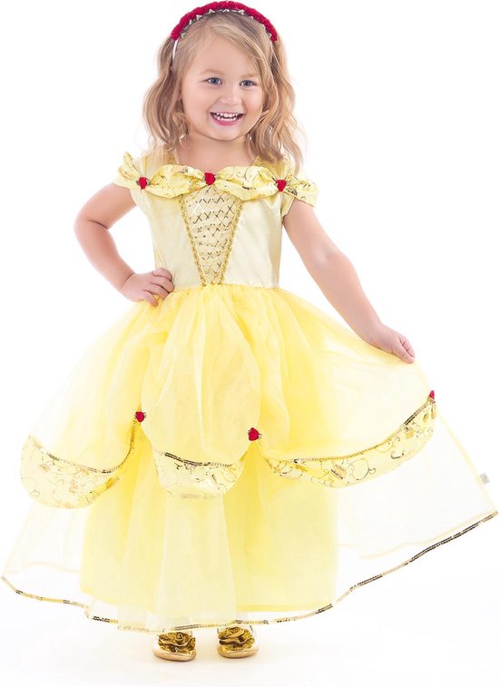 Voorzien room punch Belle kleed deluxe - Gele prinsessenjurk Belle - Maat 122/134 | bol.com