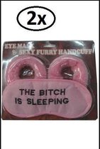 2x Handboeien roze pluche+oogmasker bitch sleeping