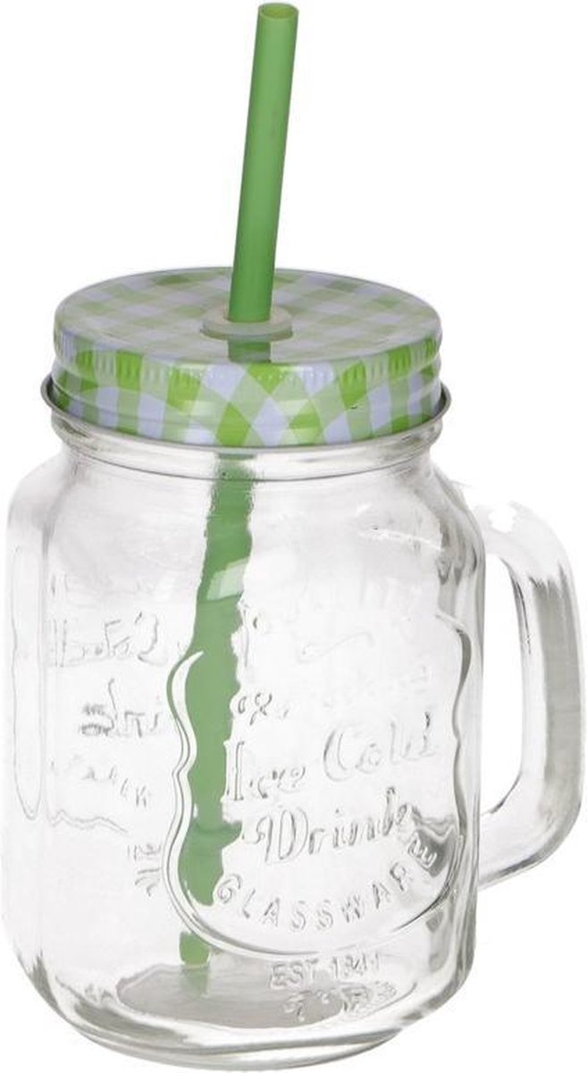 gebrek Verzadigen ik heb dorst Mason jar drinkglas met groen deksel en rietje 500 ml - Smoothie bekers -  Mason jars... | bol.com