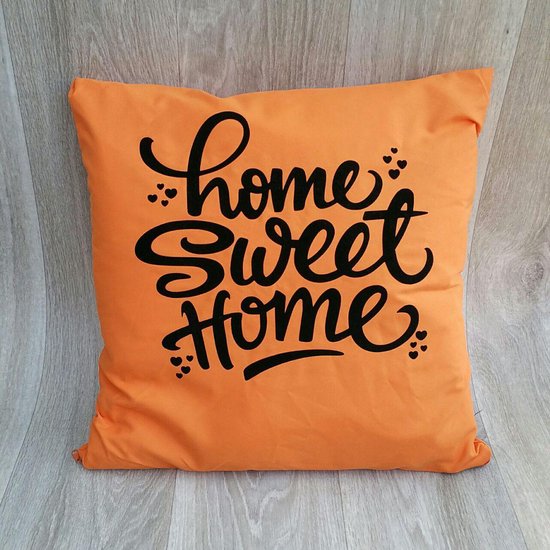 Oranje sierkussen met "Home Sweet Home"