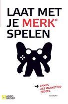 Boekomslag met tekst "LAAT MET JE MERK SPELEN". Zwart silhouet van een gamecontroller in de vorm van een kat.
