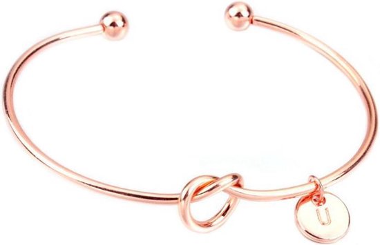 24/7 Jewelry Collection Knoop met Gepersonaliseerde Letter Bangle Armband - Rosé Goudkleurig - LETTER J - Amodi