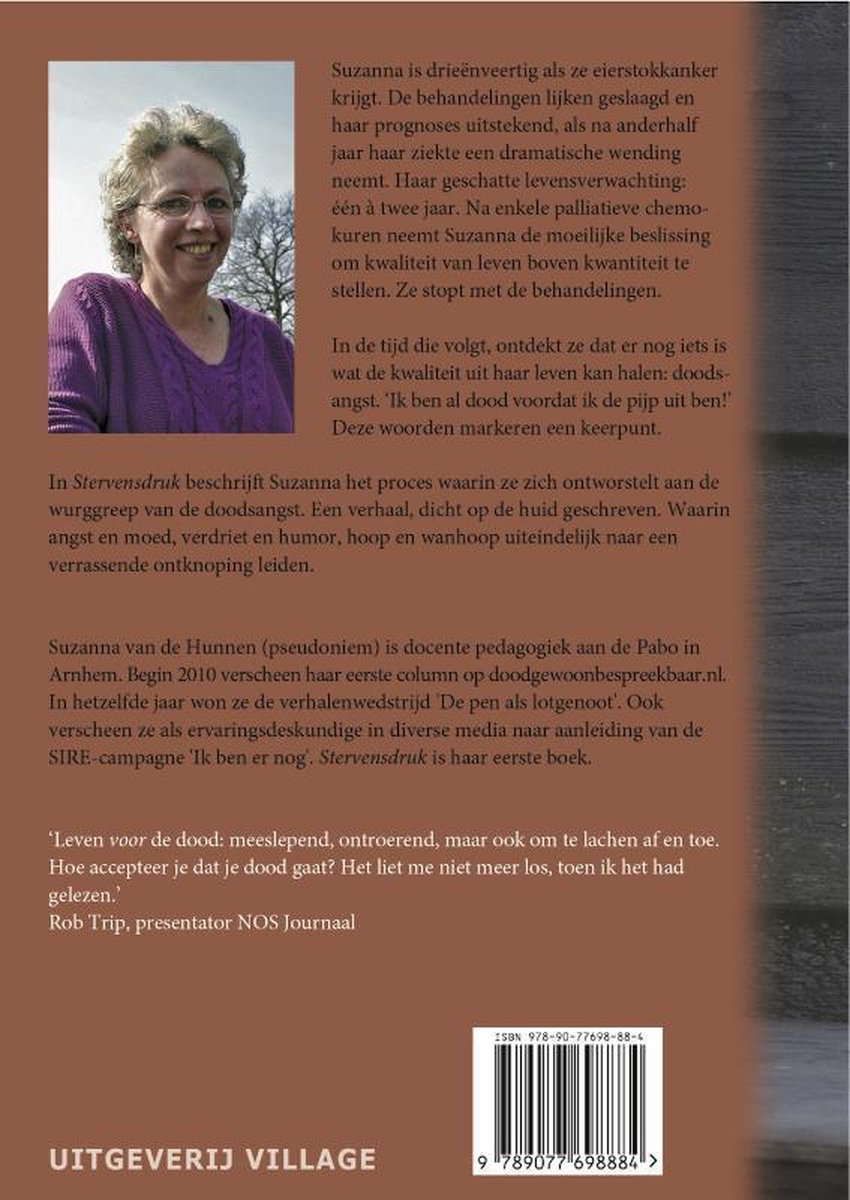 Foto van Suzanna van de Hunnen, met bril en paarse trui. Tekst over het boek 'Stervensdruk'.