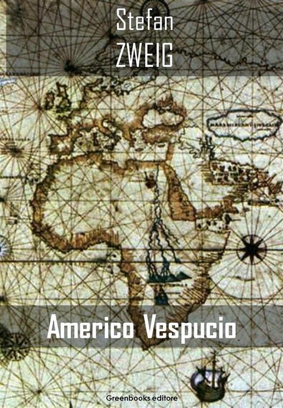Boek "Americo Vespuccio" van Stefan Zweig, met een oude kaart van de wereld als achtergrond.