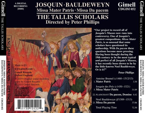 Albumhoes met een schilderij van engelen en mensen, tekst "JOSQUIN BAULDEWEYN GimeLL THE TALLIS SCHOLARS Peter Phillips".