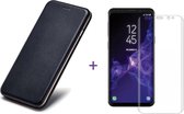 Samsung Galaxy S9 Plus - Lederen Wallet Hoesje Zwart met Siliconen Houder - Portemonee Hoesje + Glas PET Folie Screen Protector Transparant 0.2mm