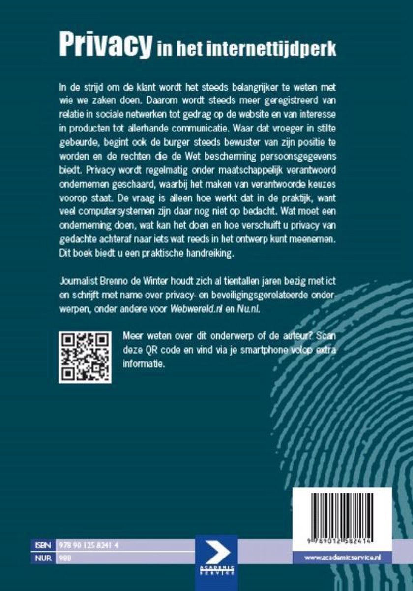 Boekhoes met de titel Privacy in het internettijdperk, met tekst en een QR-code.