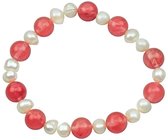 Zoetwater parel armband met edelsteen Pearl Cherry Quartz - echte parels - kersenkwarts - wit - rood - elastisch