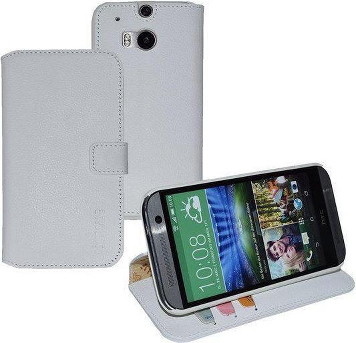 HTC One M8 Echt Leer Portemonnee Hoesje Lederen Wallet Case Cover Wit
