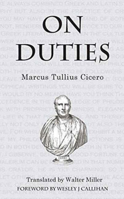 Boek 'On Duties' van Marcus Tullius Cicero, met een buste van Cicero.