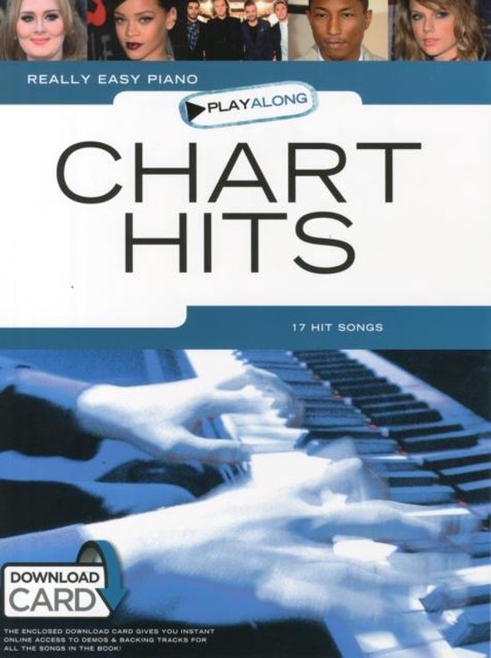Boek met bladmuziek "Chart Hits" voor piano, met foto's van artiesten en spelende handen op een keyboard. Bevat downloadkaart.