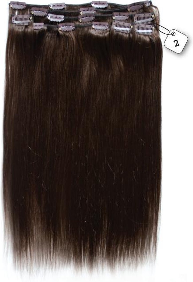 Clip in Extensions, 100% Human Hair Straight, 22 inch, kleur #2 Deep Dark Brown