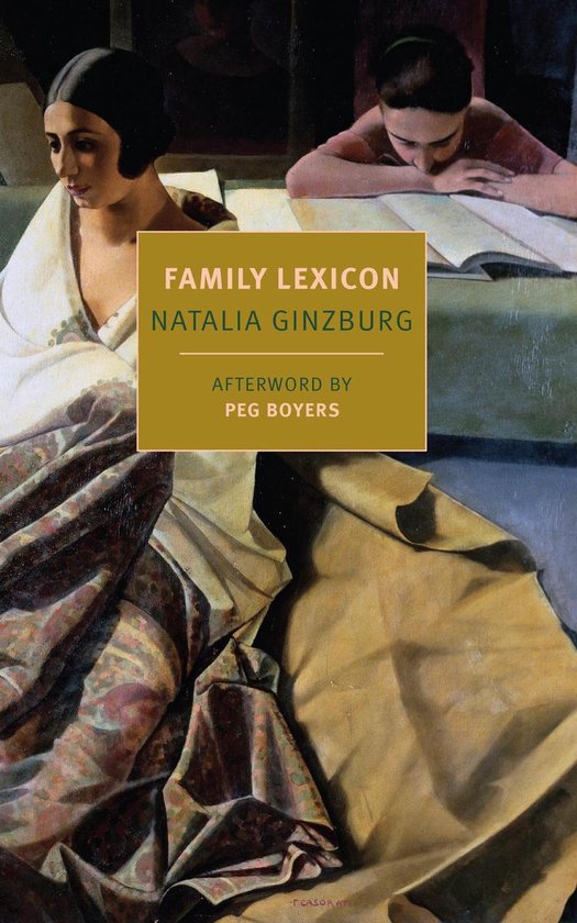 Boekomslag Family Lexicon door Natalia Ginzburg, met een schilderij van twee vrouwen die aan een tafel lezen.