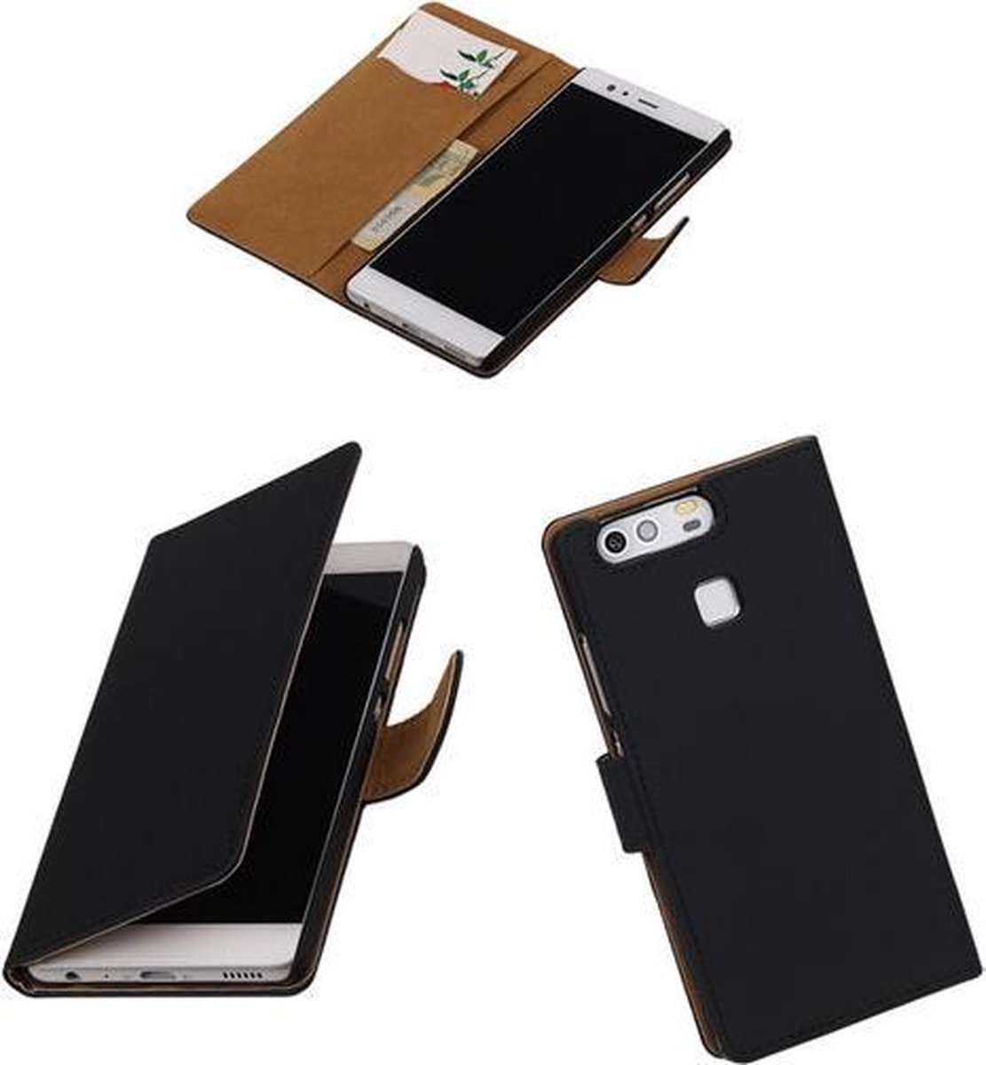 BestCases.nl Zwart Effen booktype wallet cover hoesje voor Huawei P9