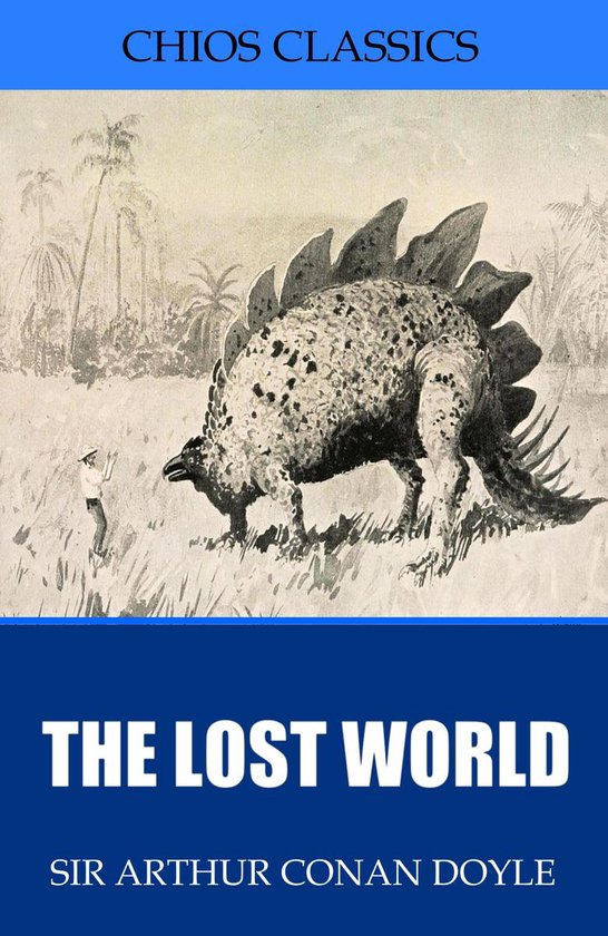 Boekhoes van "The Lost World" met een dinosaurus en een man.