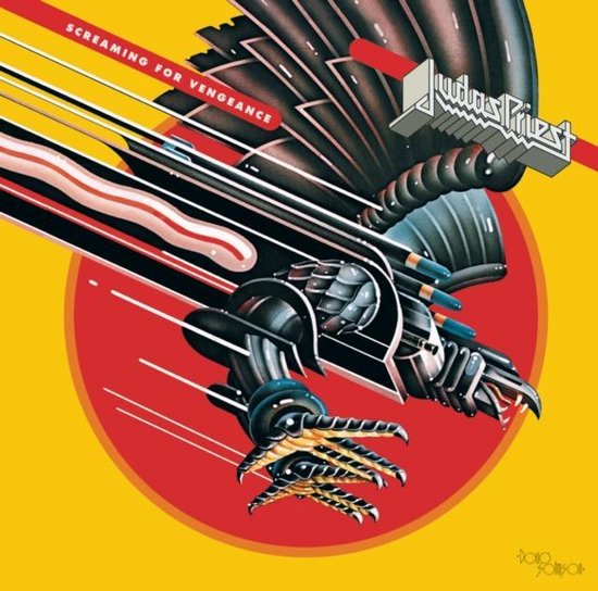 Judas Priest "Screaming For Vengeance" albumcover met vogelachtig mechanisch wezen op gele achtergrond met rode cirkel.