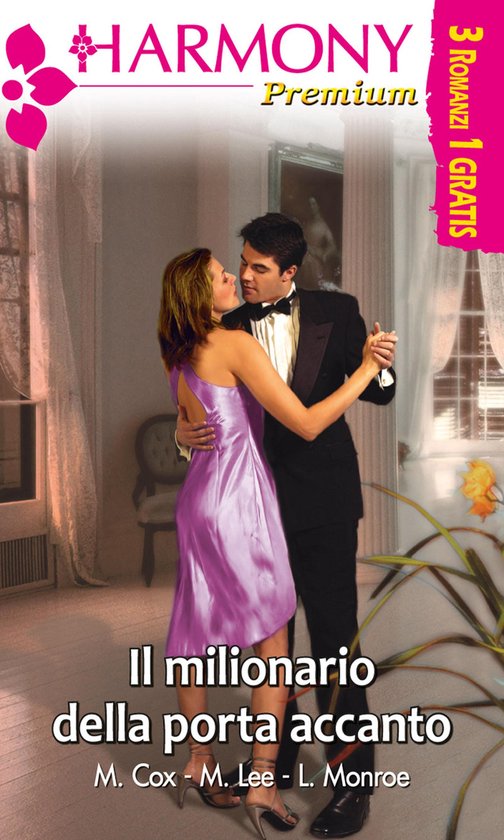 Een man in smoking danst met een vrouw in een paarse jurk. Tekst: Il milionario della porta accanto.