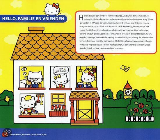 Illustratie van het huis van Hello Kitty met familie in verschillende kamers. Grijze achtergrond met wolken en bomen.