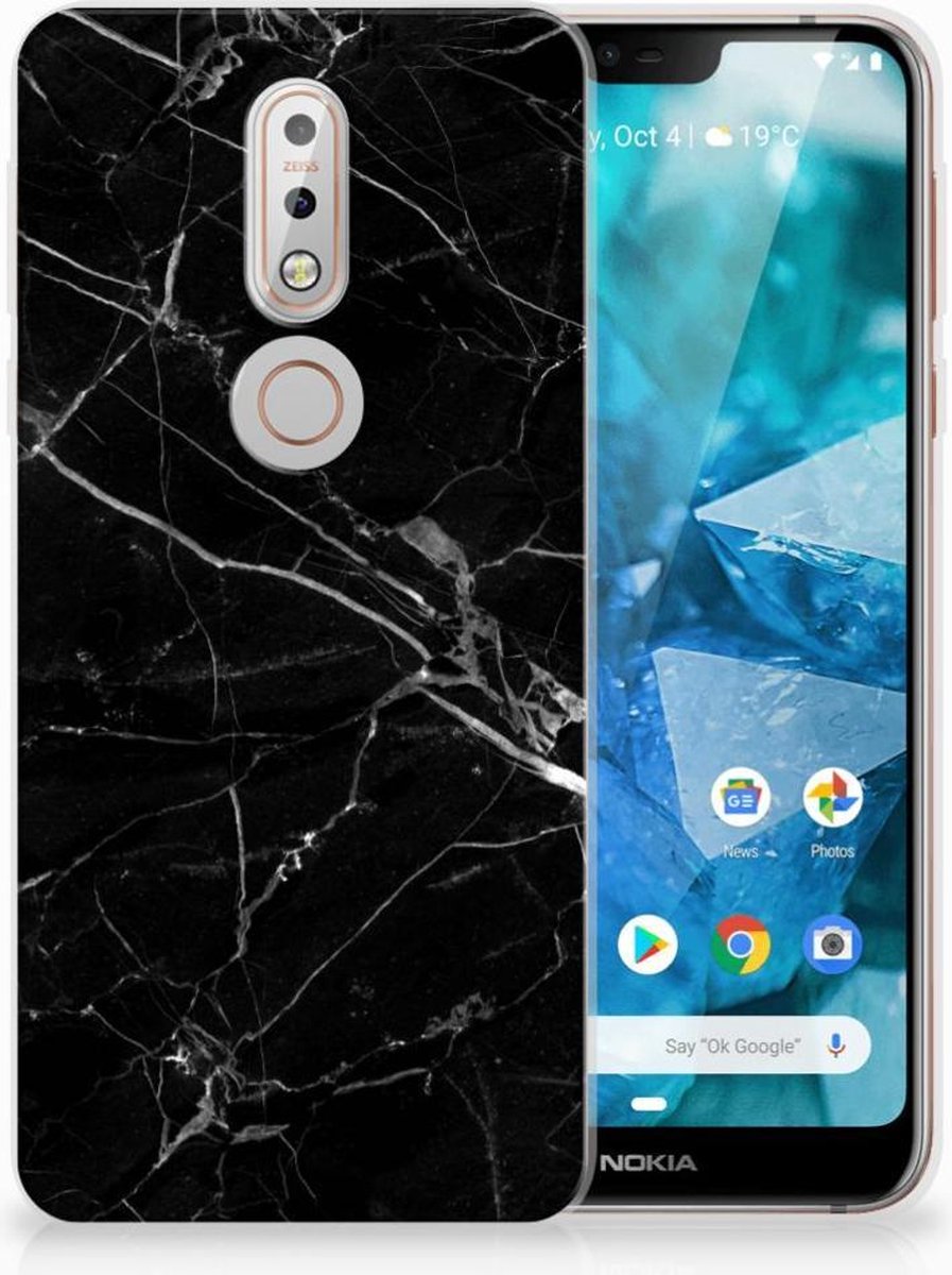 Nokia 7.1 TPU Siliconen Hoesje Marmer Zwart - Origineel Cadeau Vader