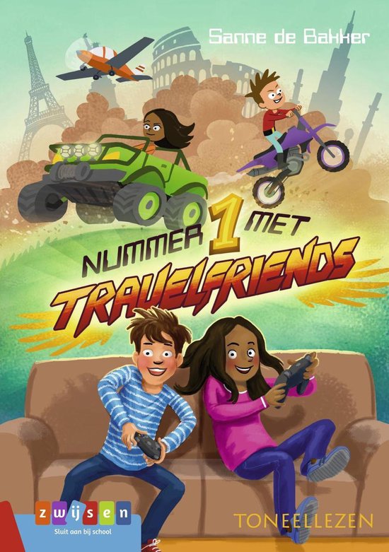 Boekcover met de titel 'Nummer 1 met Travelfriends' en illustraties van kinderen die op avontuur zijn in Parijs, Rome en een woestijn. Twee kinderen zitten op de bank en gamen.