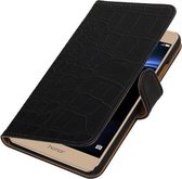 Zwart Krokodil booktype wallet cover hoesje voor Huawei Honor V8