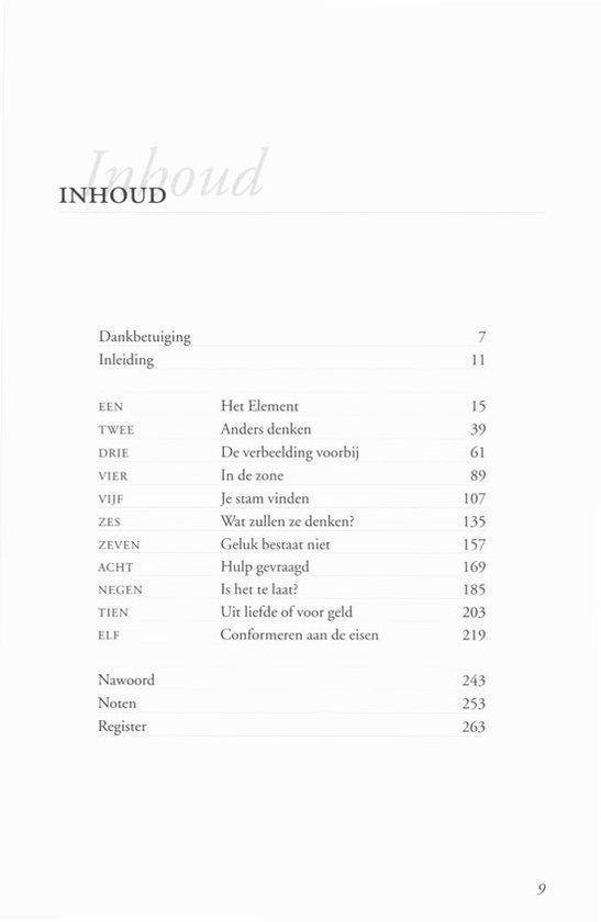 Inhoudsopgave van het boek 'Het Element'.