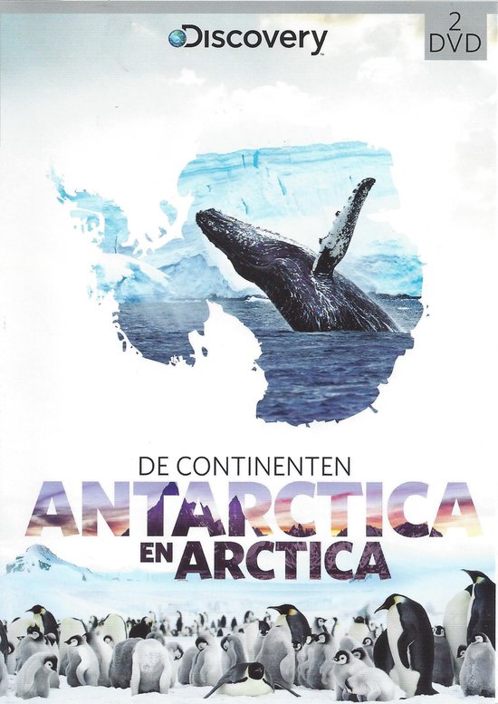 De Continenten - Antarctica en Arctica DVD-hoes met walvis, pinguïns en ijsbergen.