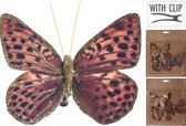 3x Decoratie vlinders op clip rood/bruin/goud 10 cm - decoratie vlinders