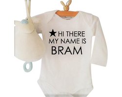 Geboorte Cadeau / Kraamcadeau Baby Rompertje met eigen tekst  voor jongetje of meisje unisex  Hi there my name is met eigen naam | Lange mouw |50-56 of 62-68 of 74-80 | bedrukt bedrukken bedrukking opdruk laten maken | Gepersonaliseerd geboortecadeau