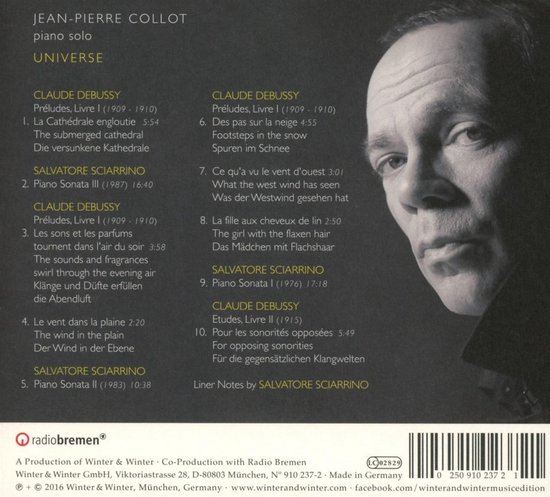 Achterkant van de cd met een portret van Jean-Pierre Collot, een tracklist van Debussy en Sciarrino en barcode.