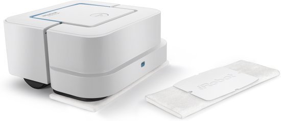 Witte iRobot Braava Jet vloerreiniger met blauw accent en een droge doek ernaast.