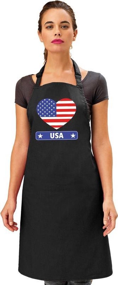 Amerika hart vlag barbecueschort/ keukenschort zwart