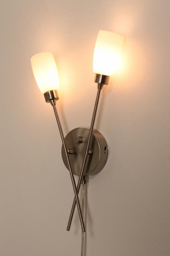 eindeloos borst Vertolking Wandlamp 2-lichts staal met melkwit glas | + snoer en dimmer | bol.com