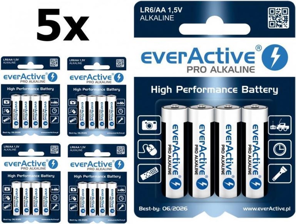20 Stuks (5 Blister a 4st) LR6 AA everActive Pro Alkaline batteries